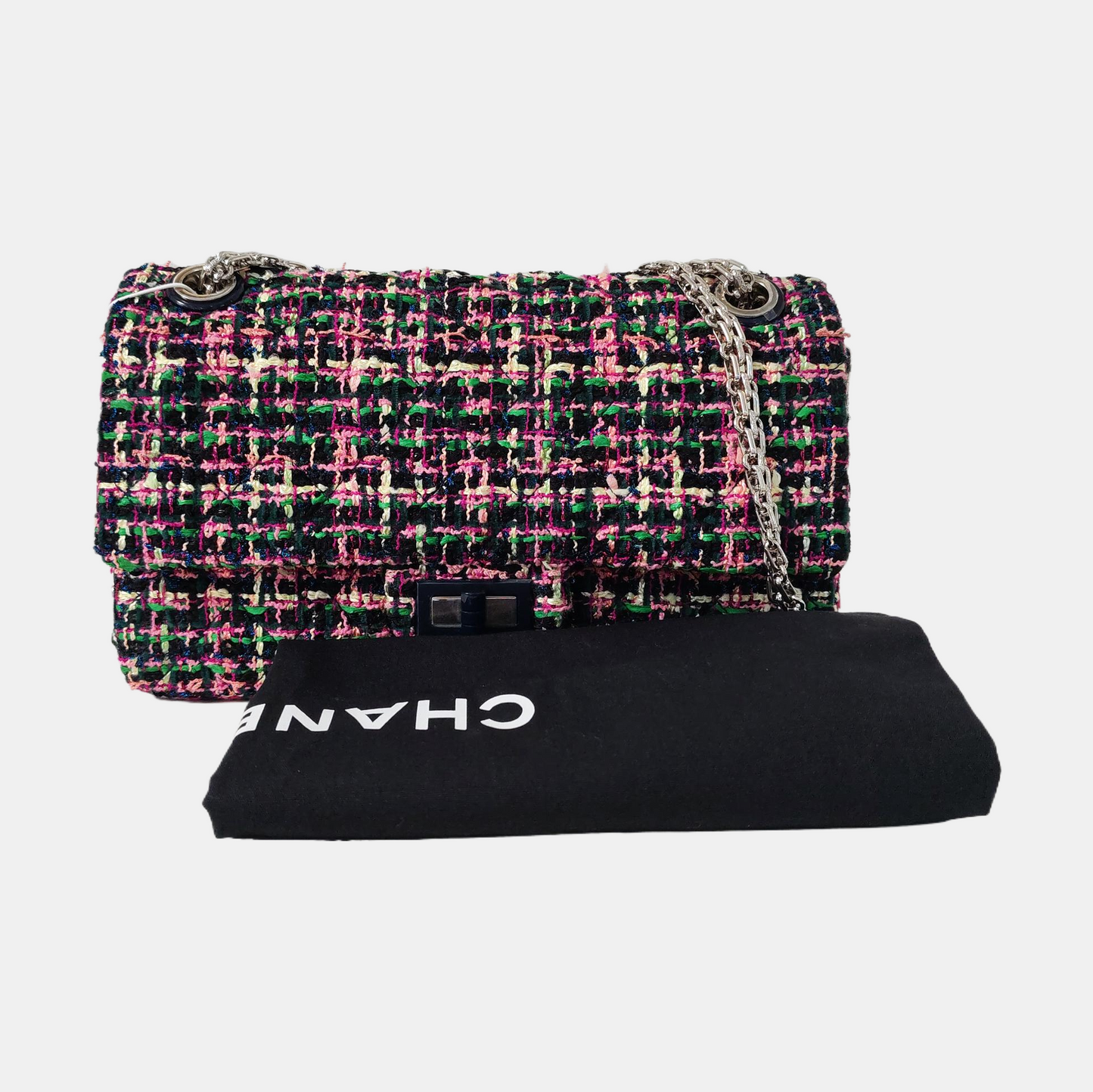 CHANEL 2.55 Small Color Blocked Tweed Woven Shoulder Bag with Silver Hardware, 27 Clasps-(SKU)-968658255