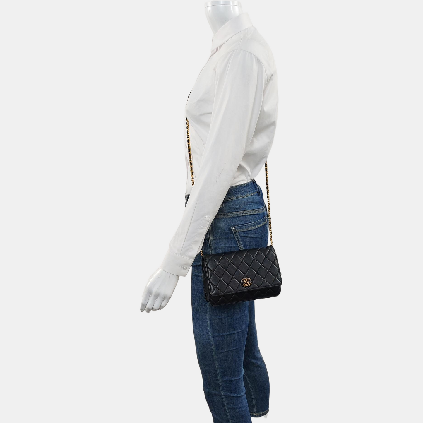 CHANEL CHANEL 19 WOC Black Lamb Skin Quilted Shoulder Bag Crossbody with Gold Hardware 28 Clasp-(SKU)-968974171
