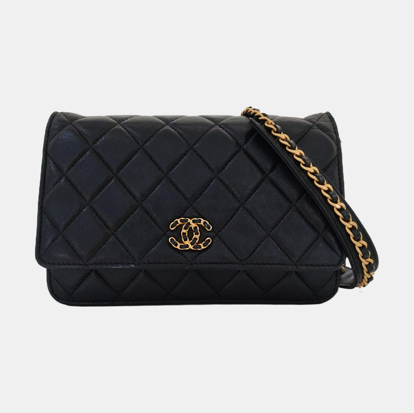 CHANEL CHANEL 19 WOC Black Lamb Skin Quilted Shoulder Bag Crossbody with Gold Hardware 28 Clasp-(SKU)-968974171