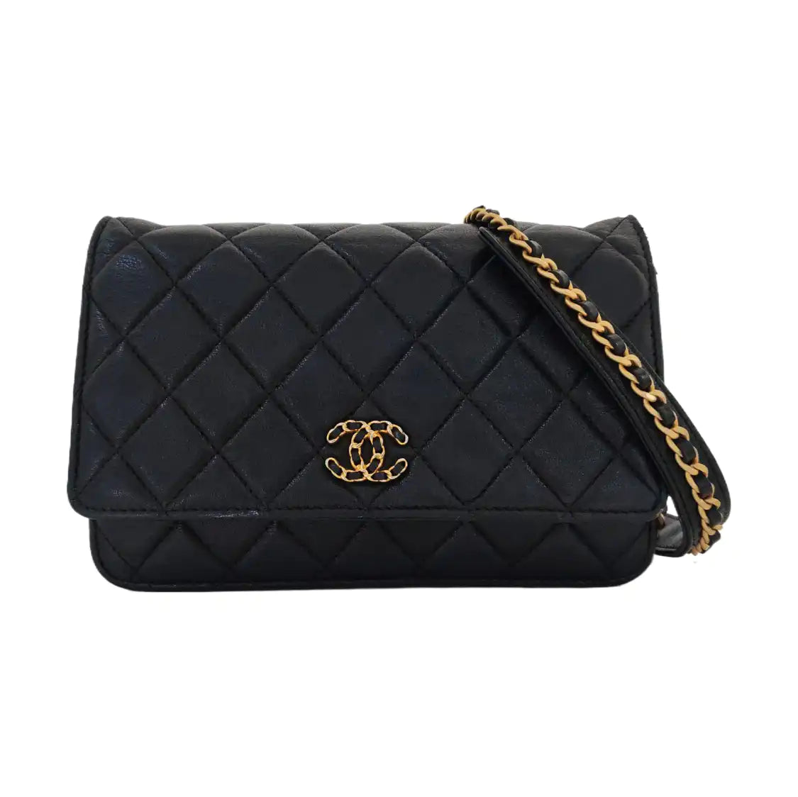 CHANEL CHANEL 19 WOC Black Lamb Skin Quilted Shoulder Bag Crossbody with Gold Hardware 28 Clasp-(SKU)-968974171