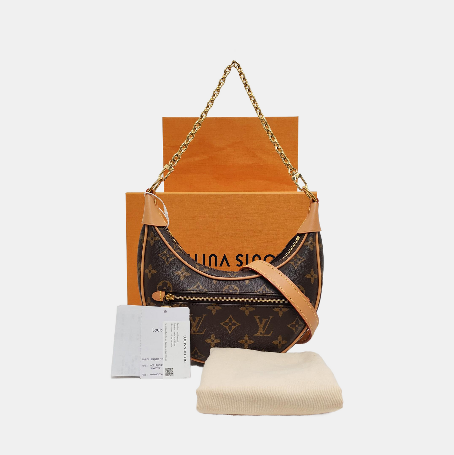 LOUIS VUITTON LOOP Brown Coated Canvas Monogram Pea Bag Shoulder Bag Crossbody Strap with 2 Removable Straps Accessories Included-(SKU)-968827015