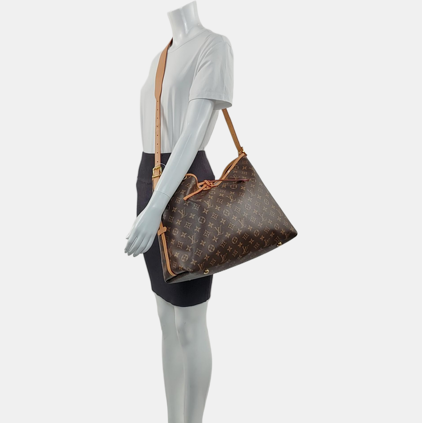 LOUIS VUITTON CARRYALL Medium Brown Coated Canvas Monogram Shoulder Bag Tote Bag Golden Hardware Removable Shoulder Strap-(SKU)-968874319