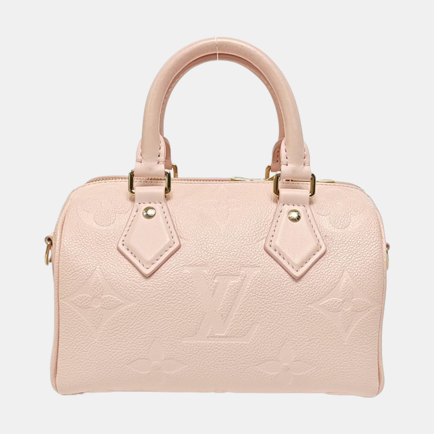 LOUIS VUITTON SPEEDY 20 Pink Leather Monogram Embossed Boston Bag Crossbody Bag Tote Bag Shoulder Bag Golden Hardware Removable Shoulder Strap Accessories Included-(SKU)-968584075