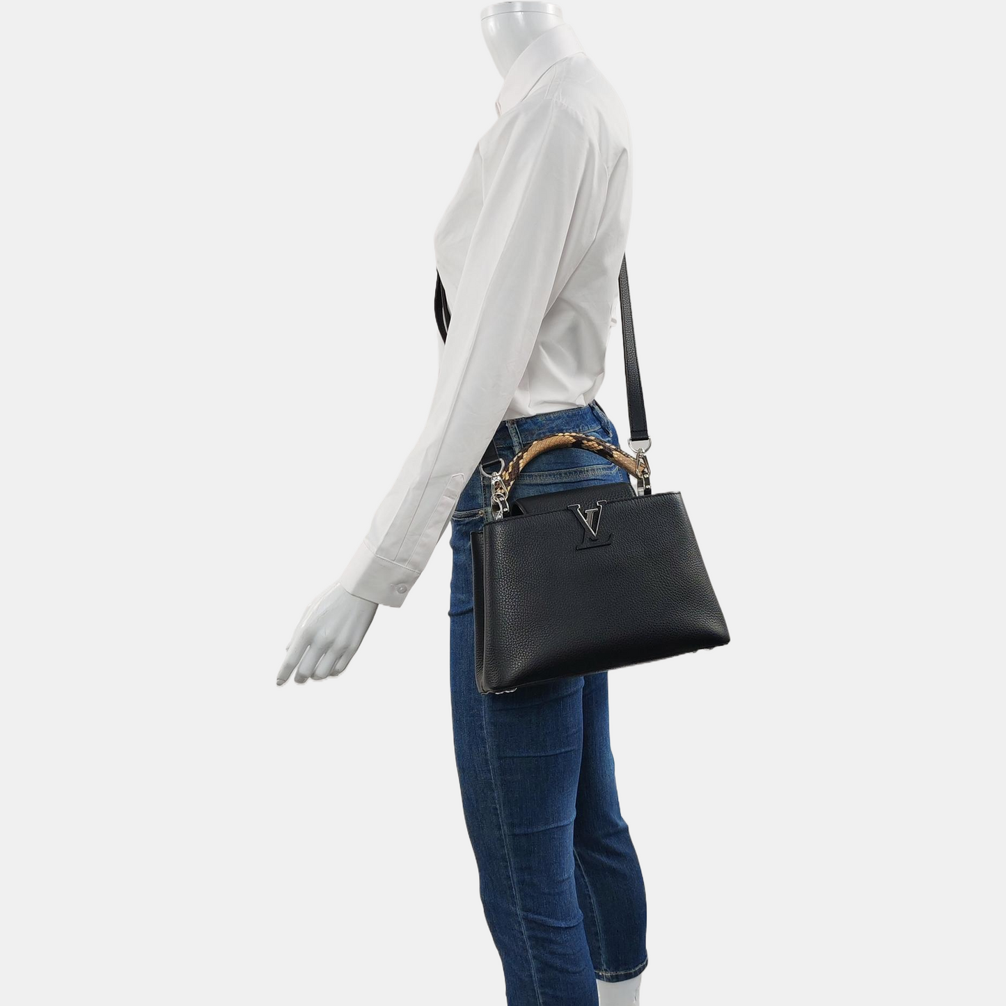 LOUIS VUITTON CAPUCINES Small-sized Black Cowhide Snake Pattern Crossbody Bag Silver Hardware Removable Shoulder Strap-(SKU)-968885422