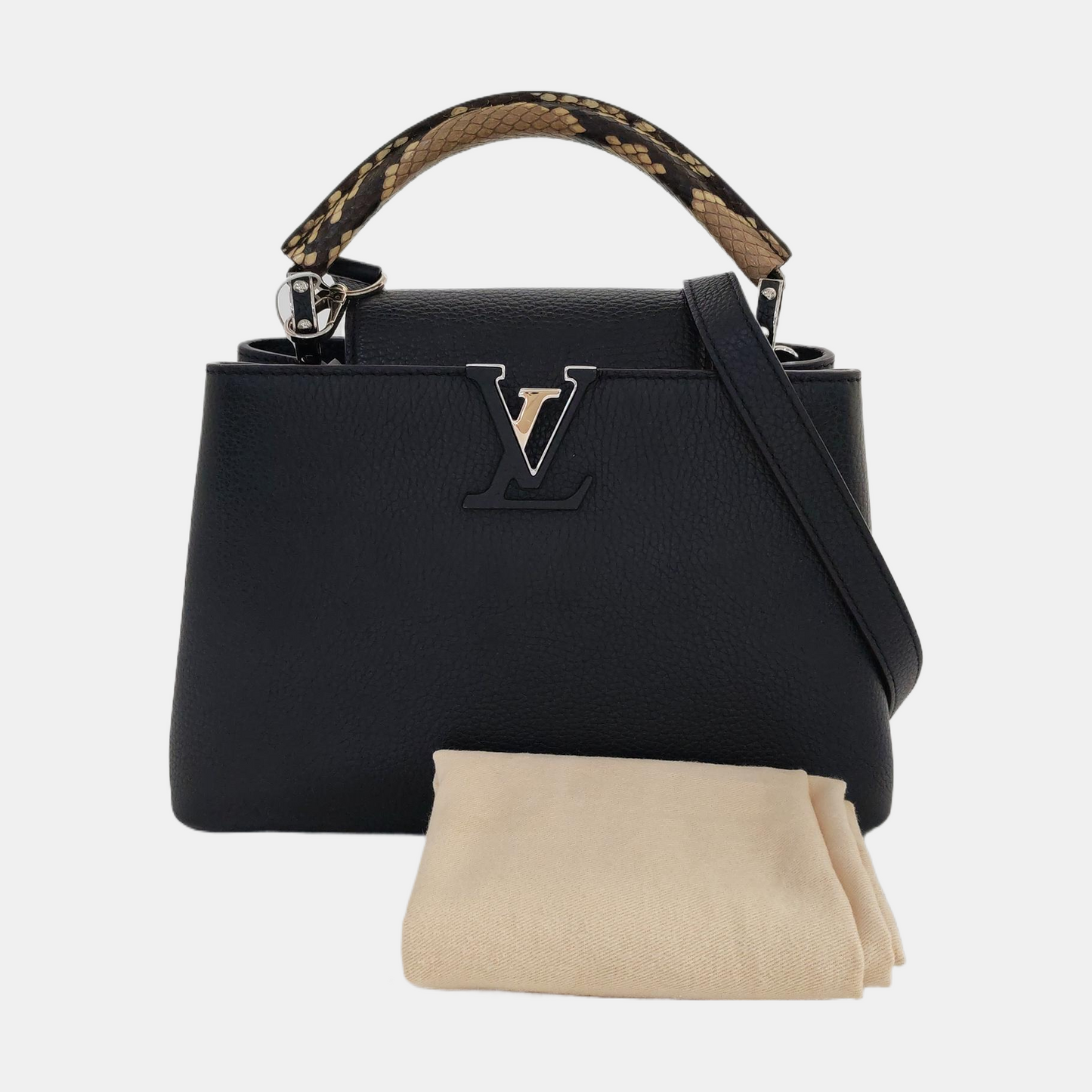 LOUIS VUITTON CAPUCINES Small-sized Black Cowhide Snake Pattern Crossbody Bag Silver Hardware Removable Shoulder Strap-(SKU)-968885422