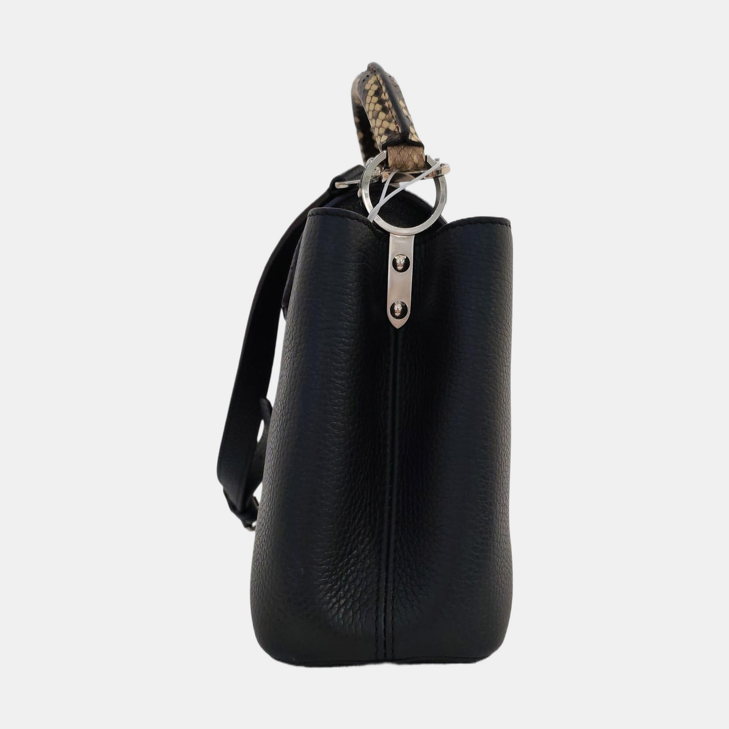 LOUIS VUITTON CAPUCINES Small-sized Black Cowhide Snake Pattern Crossbody Bag Silver Hardware Removable Shoulder Strap-(SKU)-968885422