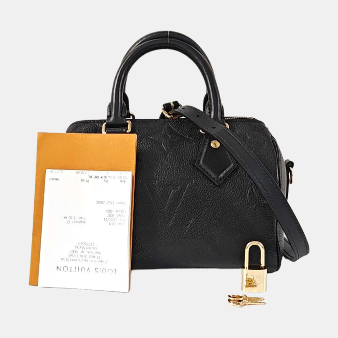 LOUIS VUITTON SPEEDY Medium-sized Black Leather Monogram Embossed Boston Bag Shoulder Bag Golden Hardware Removable Shoulder Strap-(SKU)-969021720