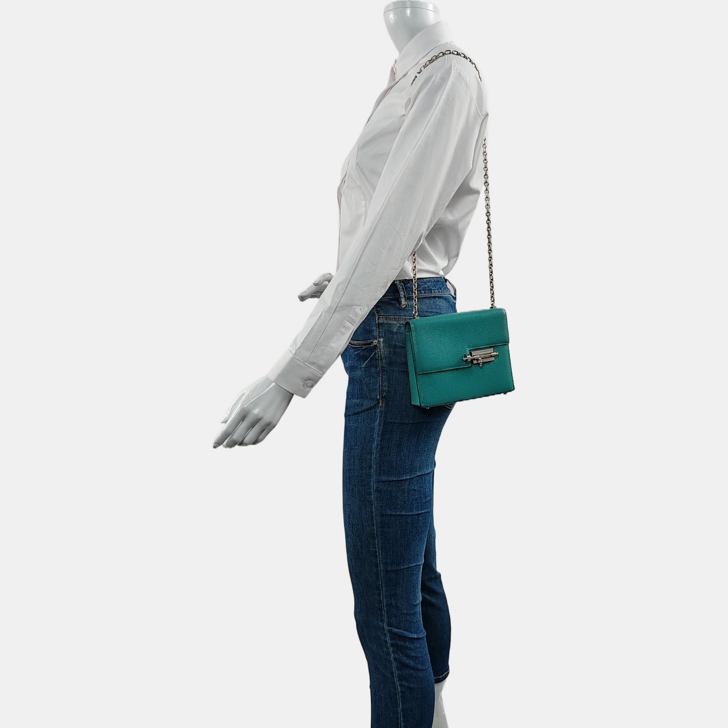 HERMÈS Verrou Mini Velvet Green Chèvre Mysore Goat Leather Gun Bag Crossbody Shoulder Bag Silver Hardware C-(SKU)-969129815