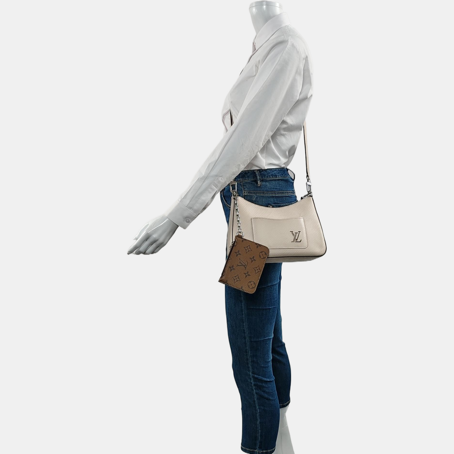 LOUIS VUITTON MARELLE White EPI Leather Wave Pattern Shoulder Bag Crossbody Handbag with Silver Hardware and 2 Detachable Straps-(SKU)-969150046