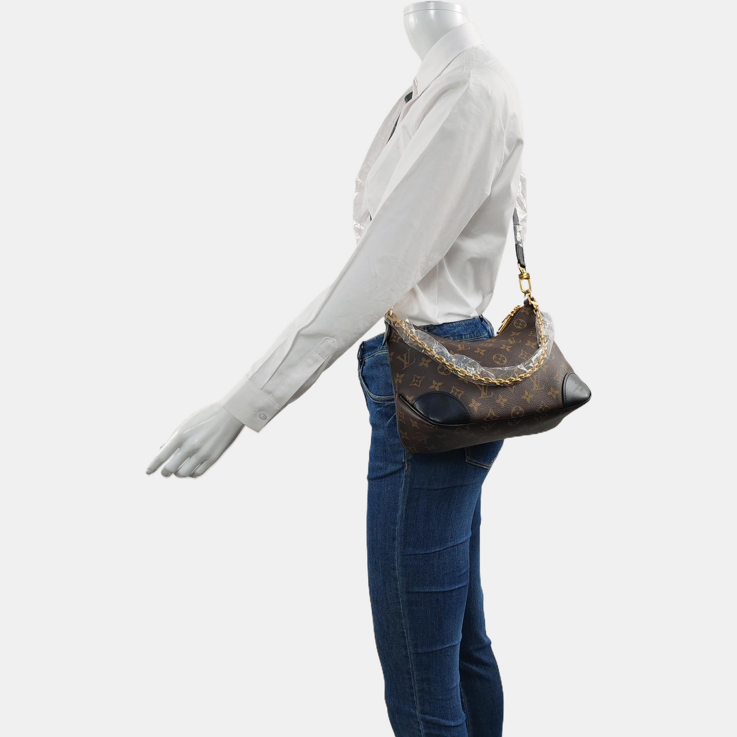 LOUIS VUITTON BOULOGNE Brown Coated Canvas Monogram Horn Bag Shoulder Bag Tote Bag Crossbody Bag with Gold Hardware and 2 Detachable Shoulder Straps-(SKU)-969000180