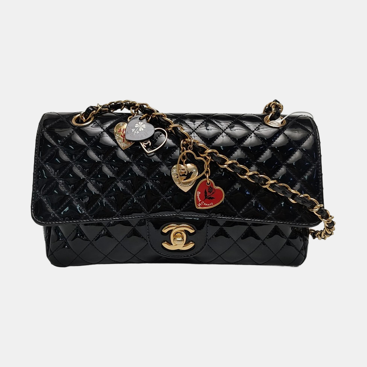 CHANEL CLASSIC FLAP Medium Black Patent Leather Cannage Flap Single Shoulder Bag Gold Black Red Hardware 13 Clasp-(SKU)-969308446