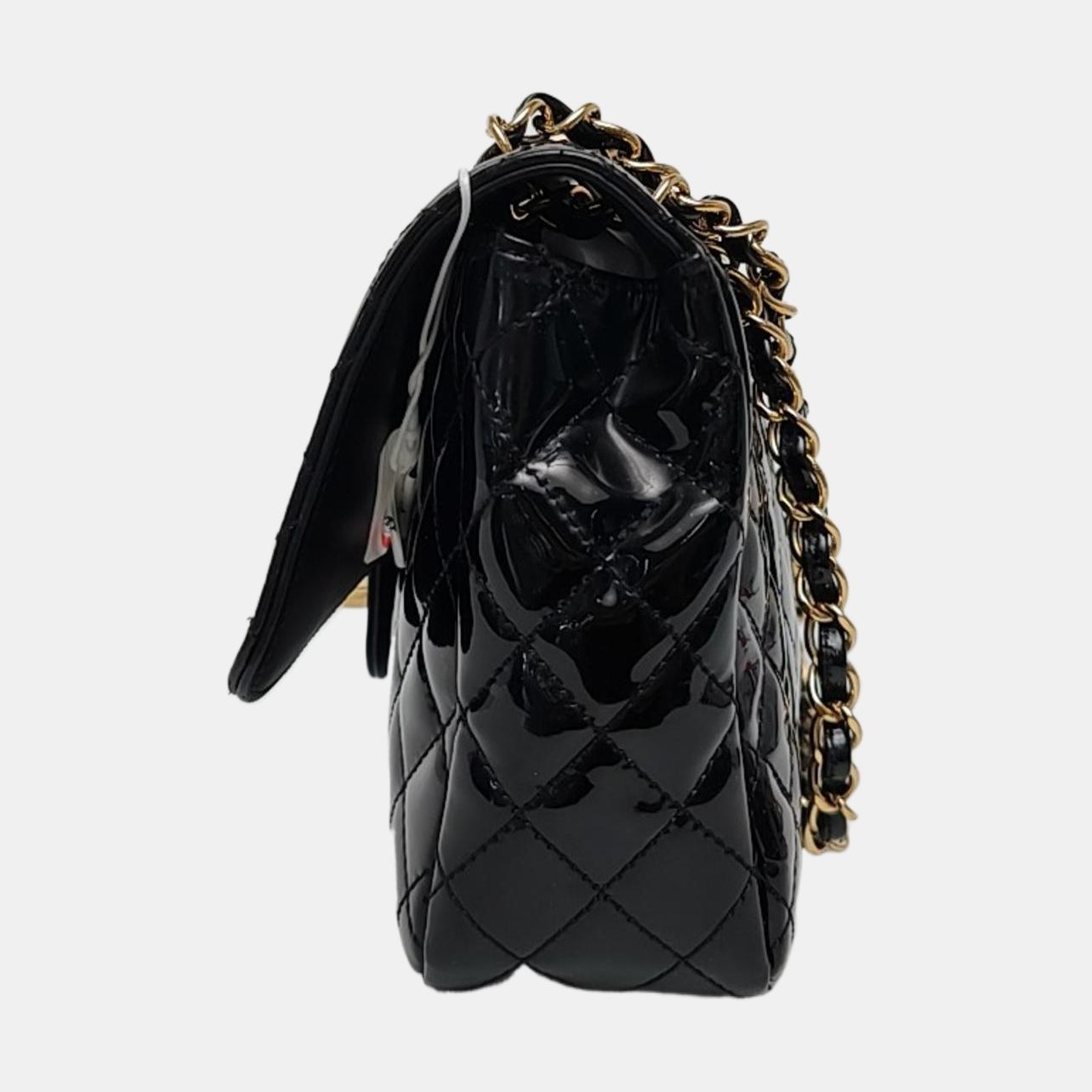 CHANEL CLASSIC FLAP Medium Black Patent Leather Cannage Flap Single Shoulder Bag Gold Black Red Hardware 13 Clasp-(SKU)-969308446