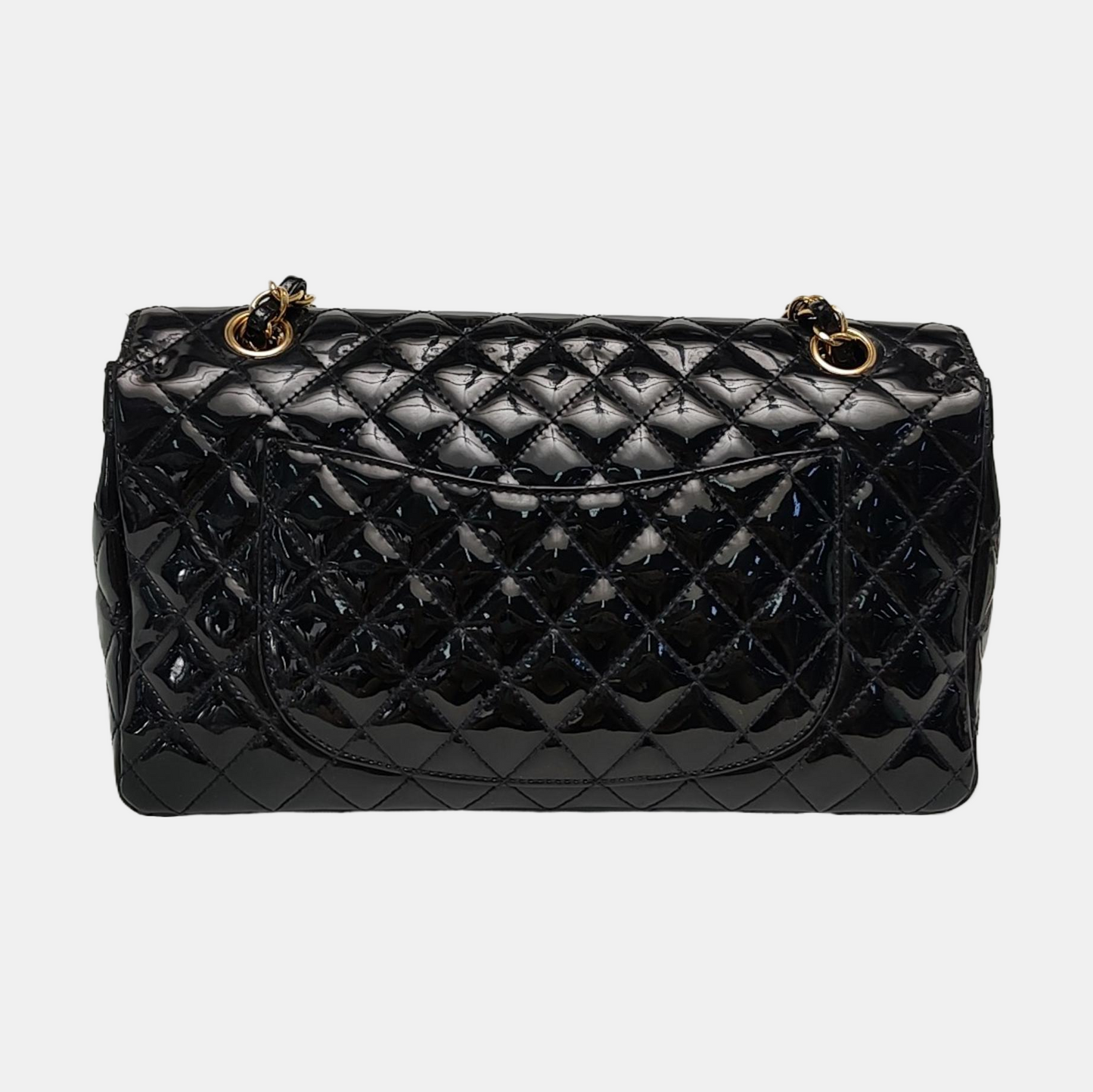 CHANEL CLASSIC FLAP Medium Black Patent Leather Cannage Flap Single Shoulder Bag Gold Black Red Hardware 13 Clasp-(SKU)-969308446