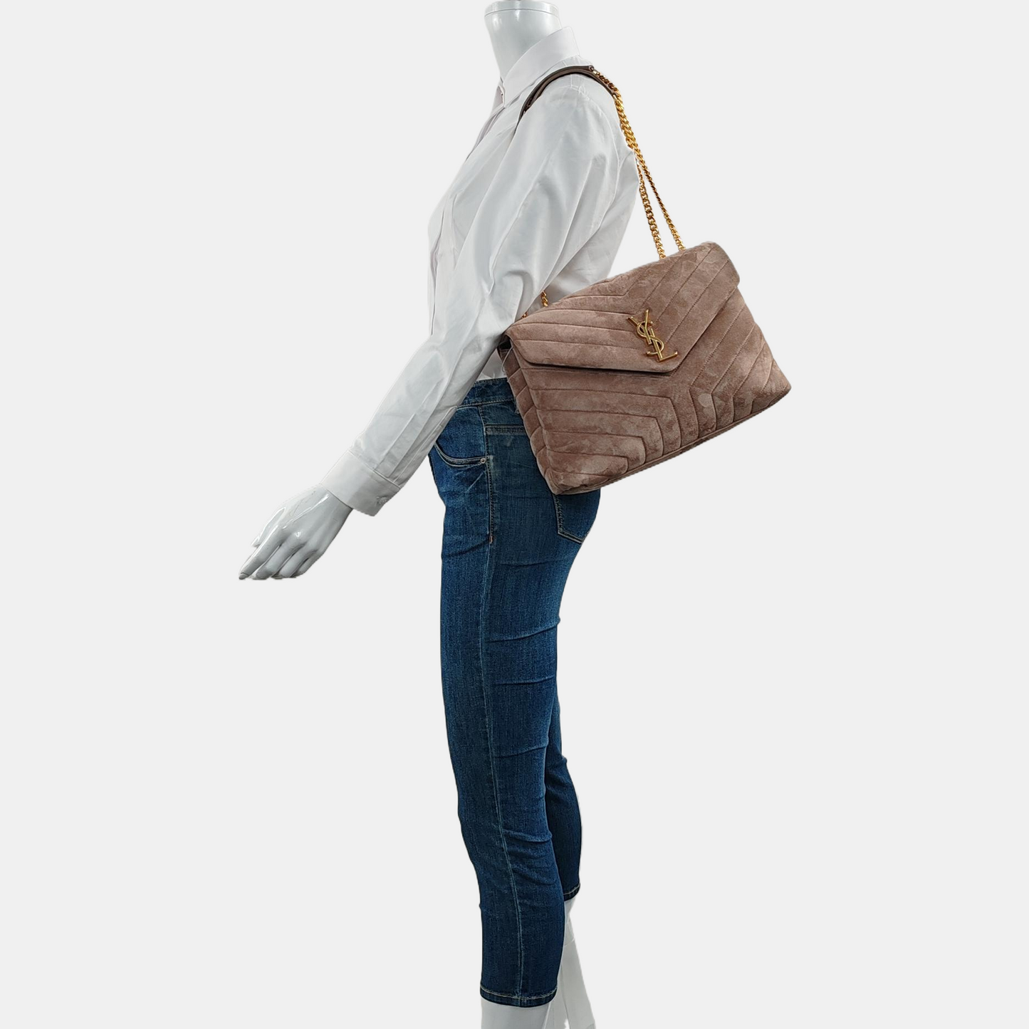 YSL LOULOU Medium Size Taupe Suede Quilted V-Stitch Shoulder Bag Crossbody Bag Golden Hardware-(SKU)-968011194
