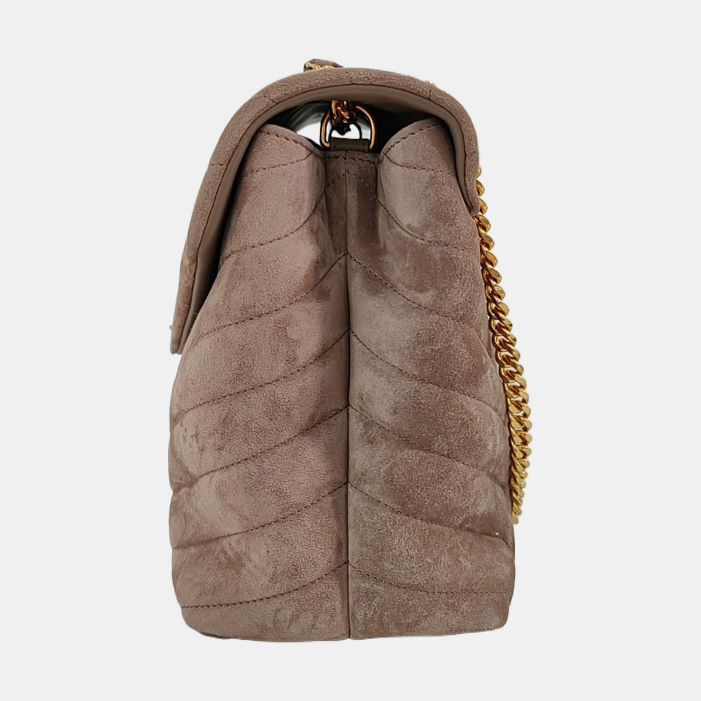 YSL LOULOU Medium Size Taupe Suede Quilted V-Stitch Shoulder Bag Crossbody Bag Golden Hardware-(SKU)-968011194
