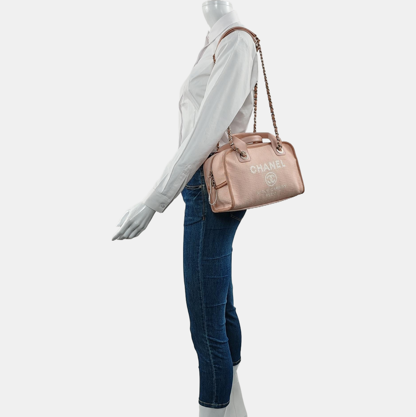 CHANEL DEAUVILLE Small Pink Fabric Embroidered Beach Bag Single Shoulder Bag Tote Bag Silver Hardware 20 Clasp-(SKU)-969172719