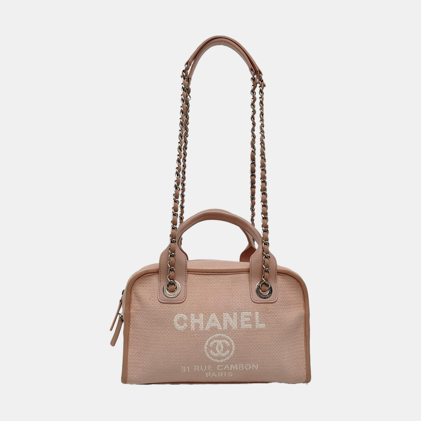 CHANEL DEAUVILLE Small Pink Fabric Embroidered Beach Bag Single Shoulder Bag Tote Bag Silver Hardware 20 Clasp-(SKU)-969172719