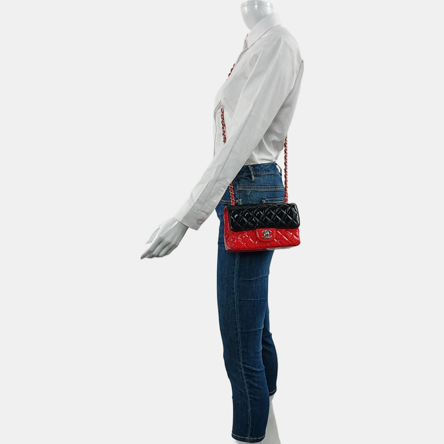 CHANEL CLASSIC FLAP Mini Color Block Patent Leather Quilted Shoulder Bag Tote Bag Crossbody Silver Hardware 29cm-(SKU)-969284636