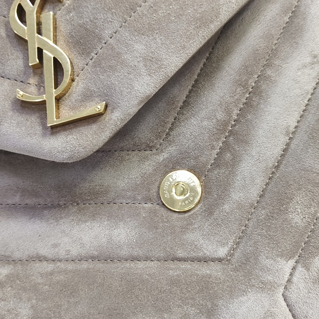 YSL LOULOU Medium Size Taupe Suede Quilted V-Stitch Shoulder Bag Crossbody Bag Golden Hardware-(SKU)-968011194