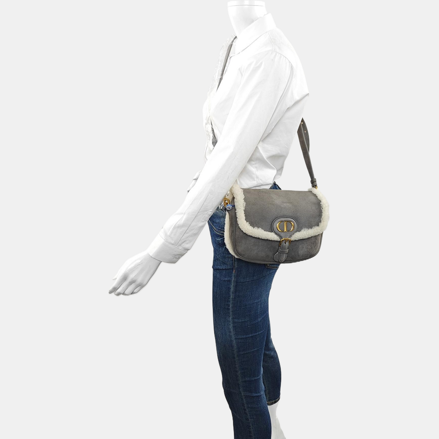 DIOR Bobby Medium Grey Wool Skin Saddle Bag Single Shoulder Bag Handbag Crossbody Bag Gold Hardware Removable Strap-(SKU)-969198094