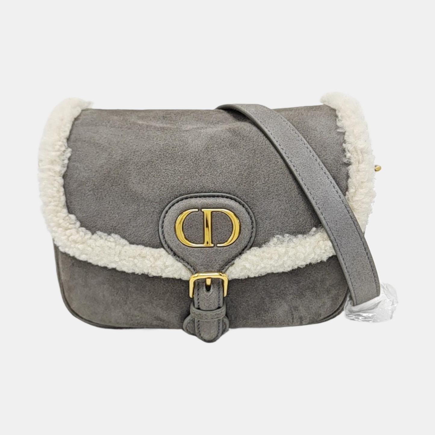 DIOR Bobby Medium Grey Wool Skin Saddle Bag Single Shoulder Bag Handbag Crossbody Bag Gold Hardware Removable Strap-(SKU)-969198094
