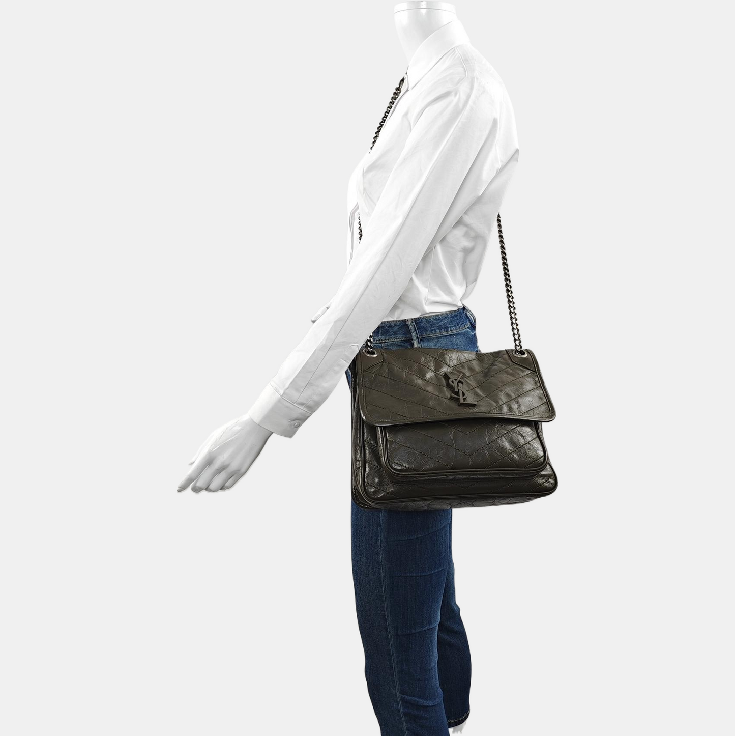 YSL NIKI Medium Grey Calfskin V-Shape Pleated Single Shoulder Bag and Crossbody with Silver Grey Hardware-(SKU)-969271602