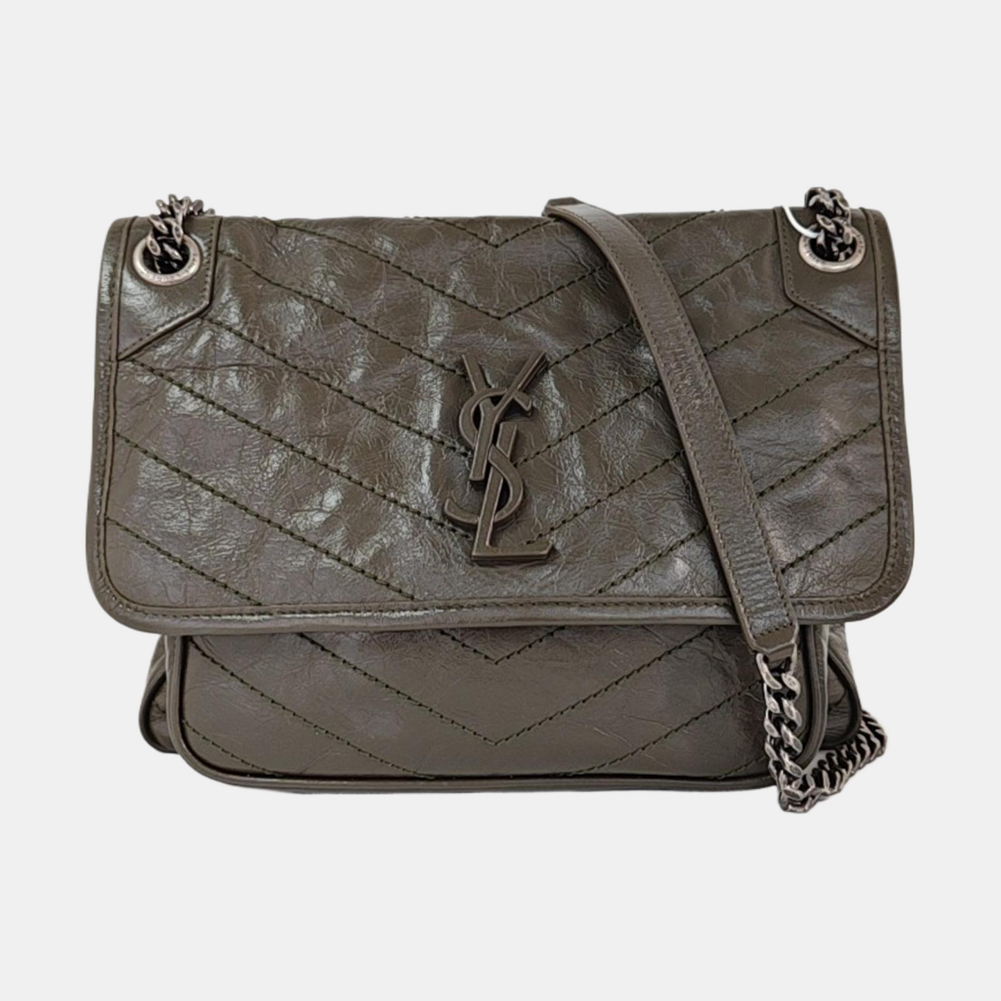 YSL NIKI Medium Grey Calfskin V-Shape Pleated Single Shoulder Bag and Crossbody with Silver Grey Hardware-(SKU)-969271602