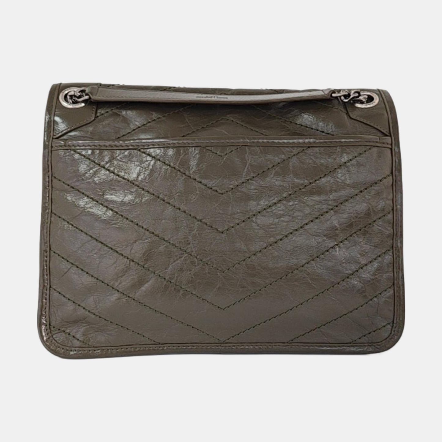 YSL NIKI Medium Grey Calfskin V-Shape Pleated Single Shoulder Bag and Crossbody with Silver Grey Hardware-(SKU)-969271602