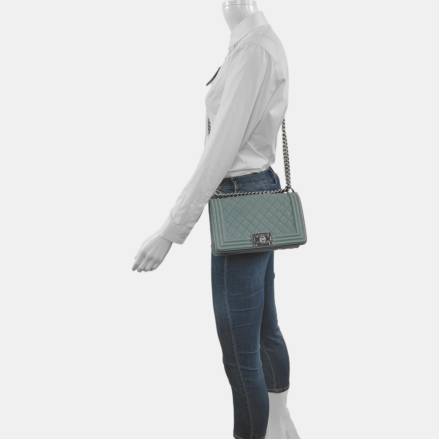 CHANEL BOY CHANEL Medium Green Calfskin Quilted Cannage Single Shoulder Bag, Crossbody Bag with Detachable Strap and Gold/Silver Hardware-(SKU)-969449479