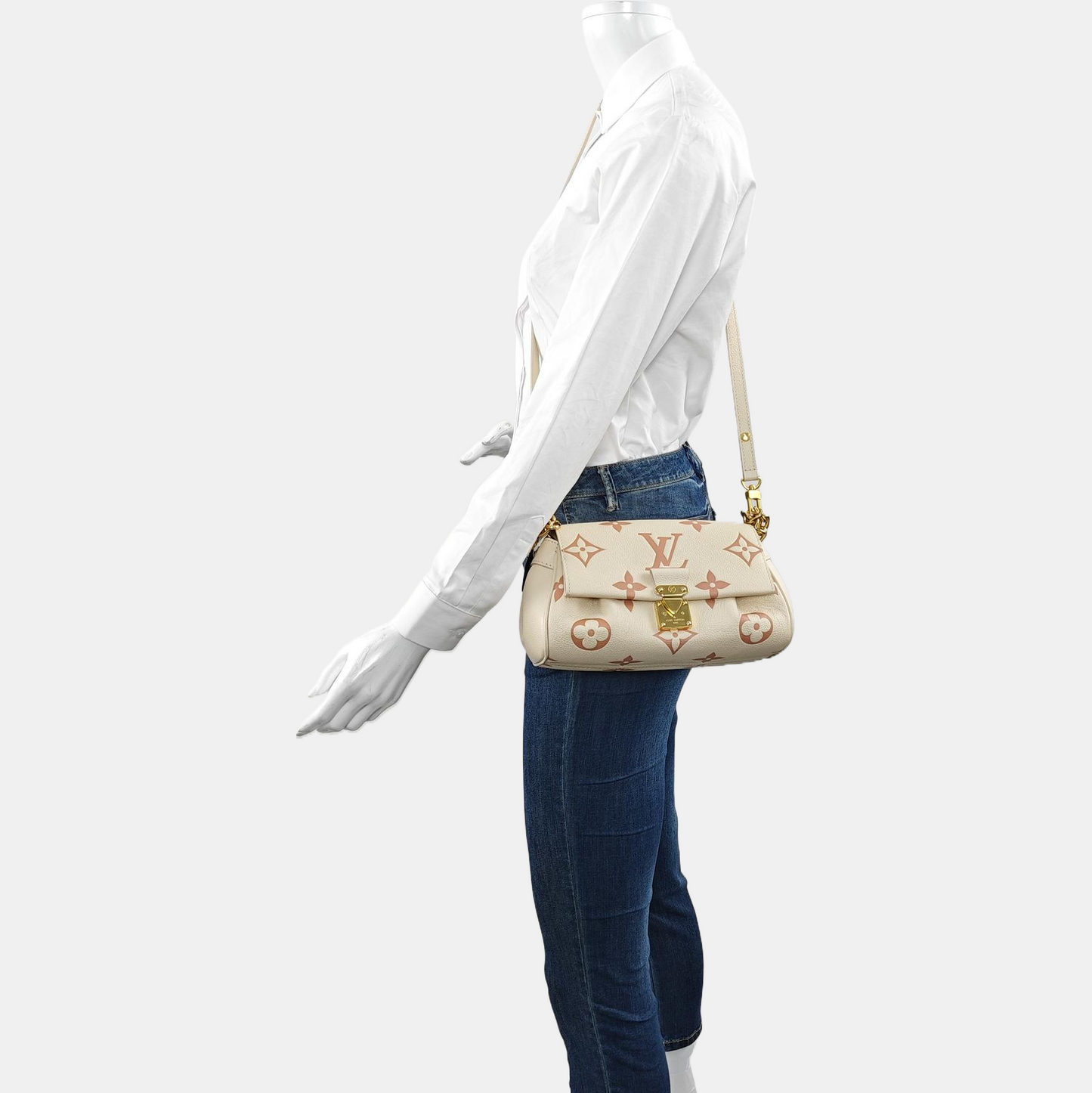 LOUIS VUITTON FAVORITE Beige Leather Monogram Embossed Shoulder Bag, Crossbody Bag with Golden Hardware and 2 Removable Straps-(SKU)-969324428