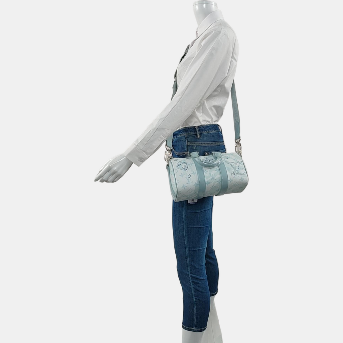 LOUIS VUITTON KEEPALL 25 Blue coated canvas monogram floral Boston bag shoulder bag handbag crossbody bag with silver hardware and removable shoulder strap-(SKU)-969471035