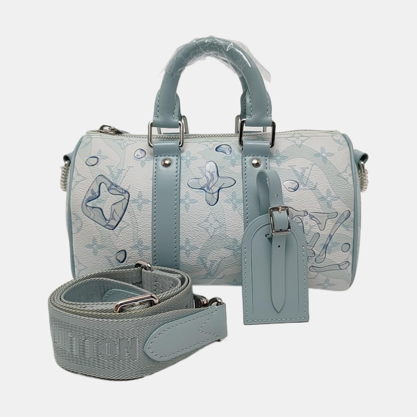 LOUIS VUITTON KEEPALL 25 Blue coated canvas monogram floral Boston bag shoulder bag handbag crossbody bag with silver hardware and removable shoulder strap-(SKU)-969471035