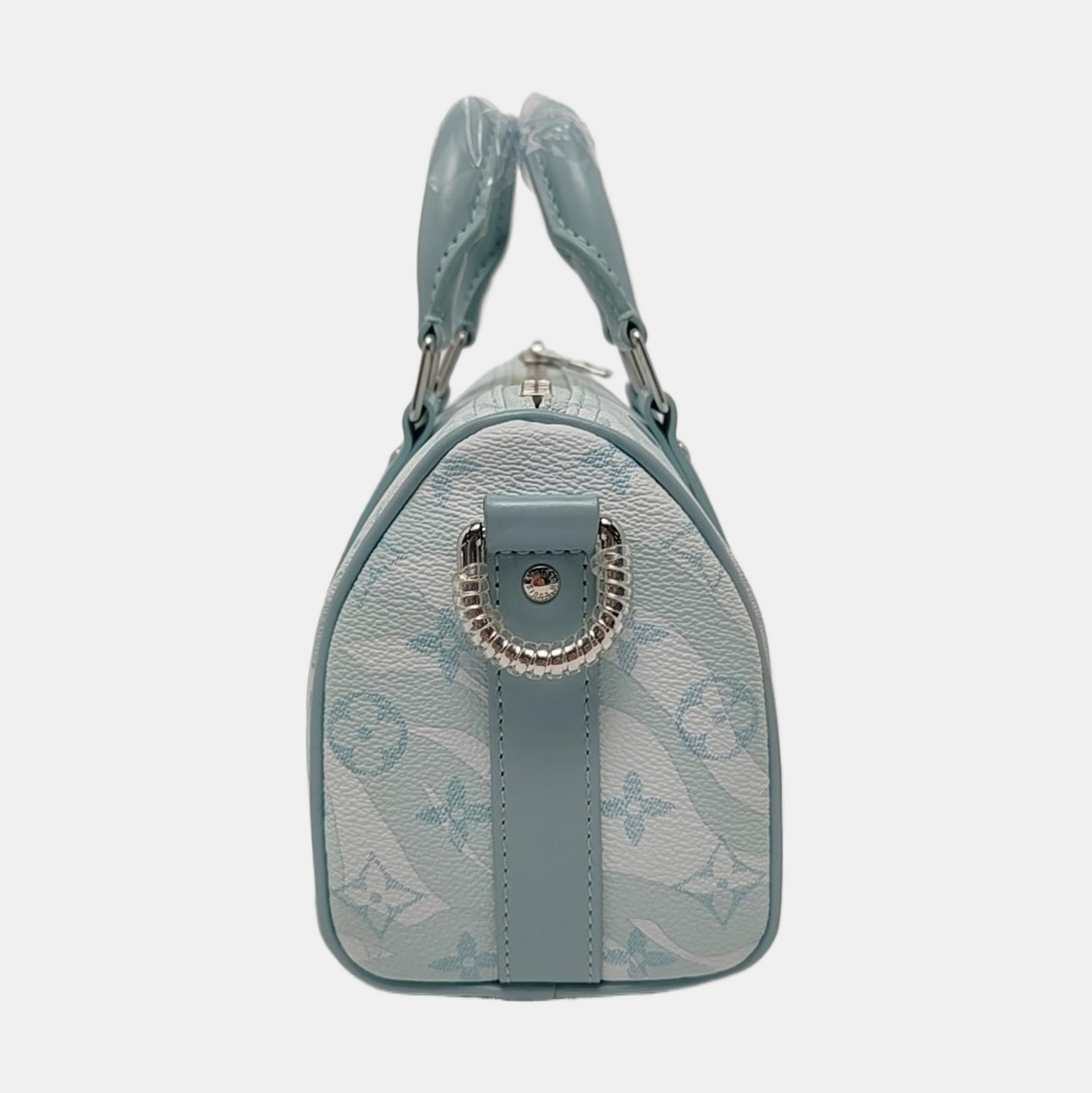 LOUIS VUITTON KEEPALL 25 Blue coated canvas monogram floral Boston bag shoulder bag handbag crossbody bag with silver hardware and removable shoulder strap-(SKU)-969471035