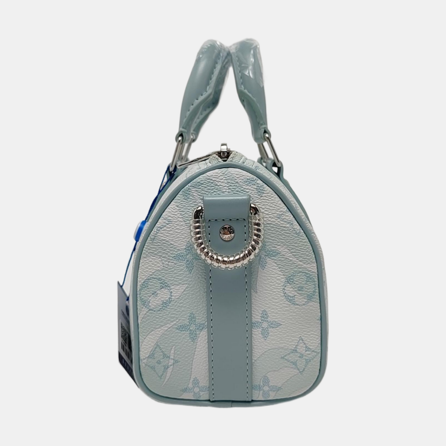 LOUIS VUITTON KEEPALL 25 Blue coated canvas monogram floral Boston bag shoulder bag handbag crossbody bag with silver hardware and removable shoulder strap-(SKU)-969471035