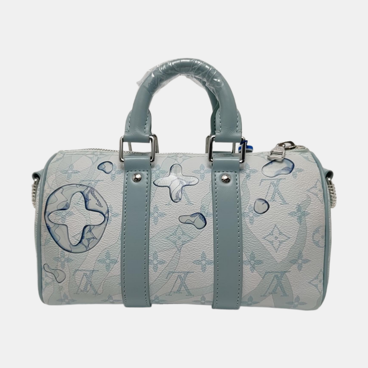 LOUIS VUITTON KEEPALL 25 Blue coated canvas monogram floral Boston bag shoulder bag handbag crossbody bag with silver hardware and removable shoulder strap-(SKU)-969471035