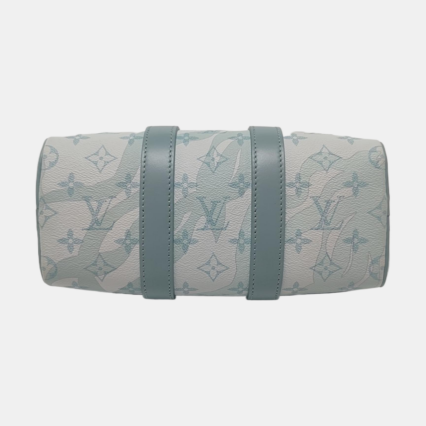 LOUIS VUITTON KEEPALL 25 Blue coated canvas monogram floral Boston bag shoulder bag handbag crossbody bag with silver hardware and removable shoulder strap-(SKU)-969471035