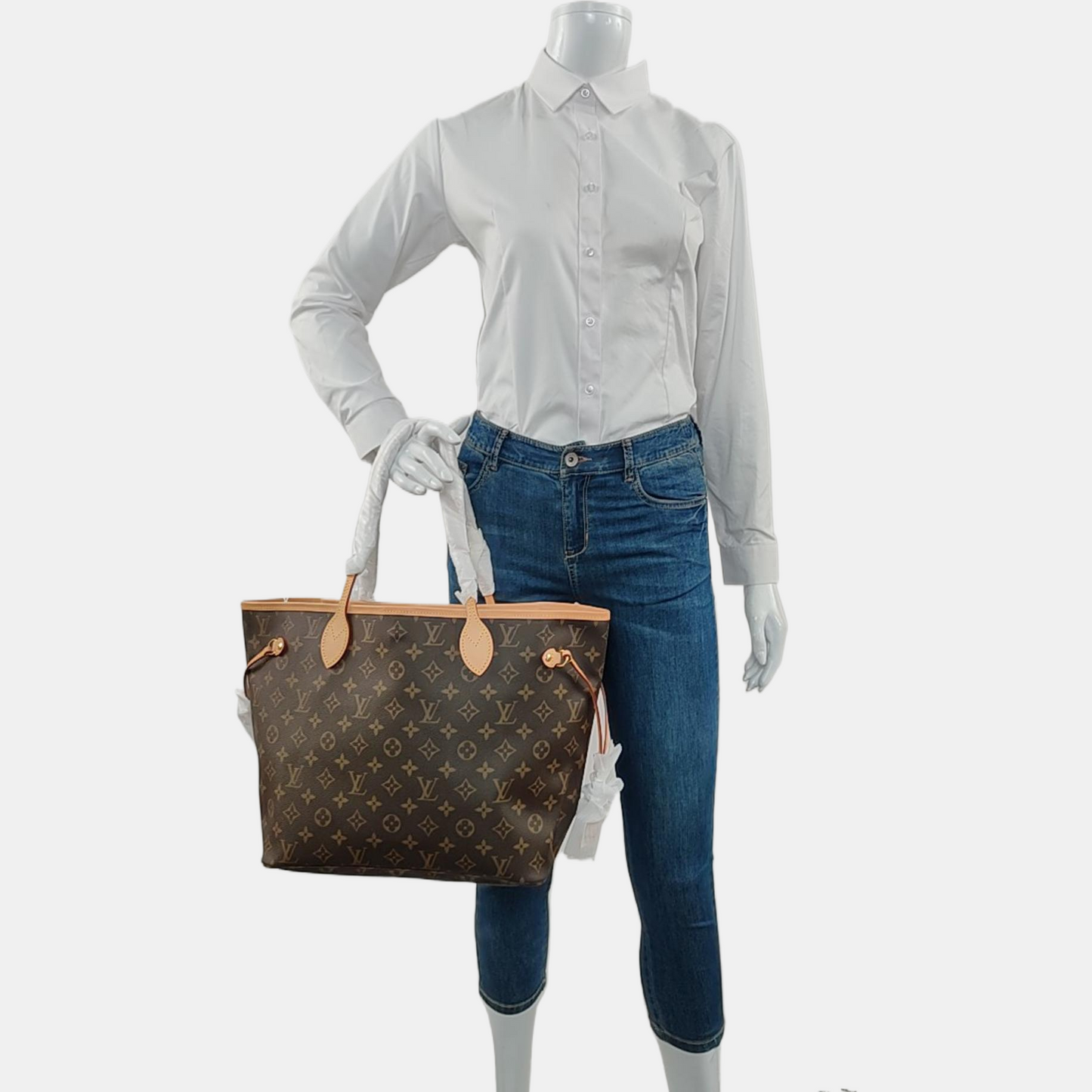 LOUIS VUITTON NEVERFULL Medium Size Brown Coated Canvas Monogram Shopping Bag Shoulder Bag Handbag with Complete Accessories Gold Hardware-(SKU)-956798304