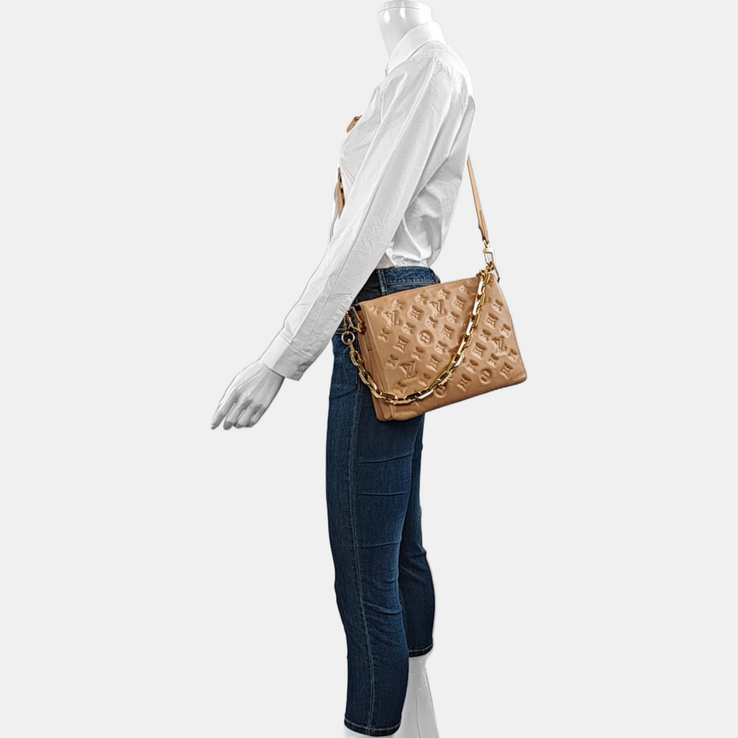 LOUIS VUITTON COUSSIN Small Khaki Calfskin Monogram Embossed Crossbody Bag Shoulder Bag Gold Hardware 2 Removable Straps Accessories Included-(SKU)-969393428