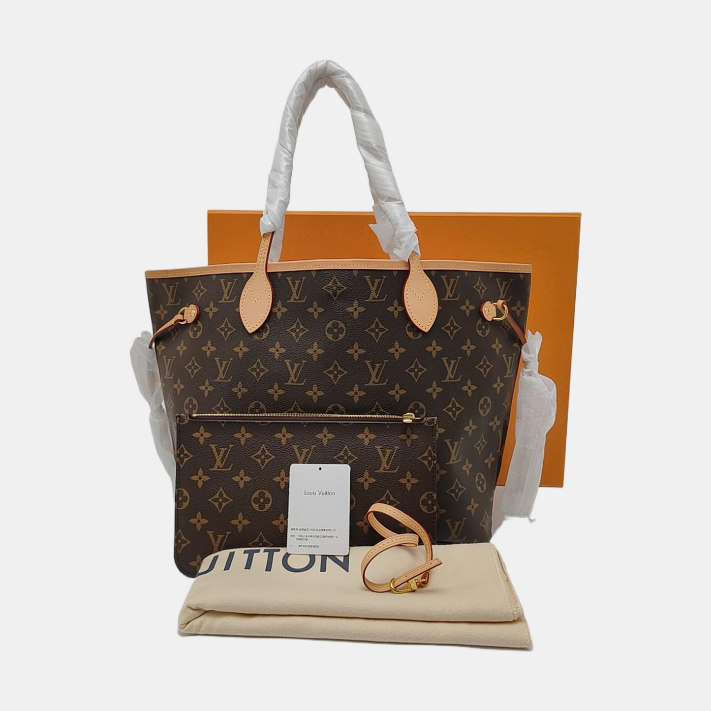 LOUIS VUITTON NEVERFULL Medium Size Brown Coated Canvas Monogram Shopping Bag Shoulder Bag Handbag with Complete Accessories Gold Hardware-(SKU)-956798304