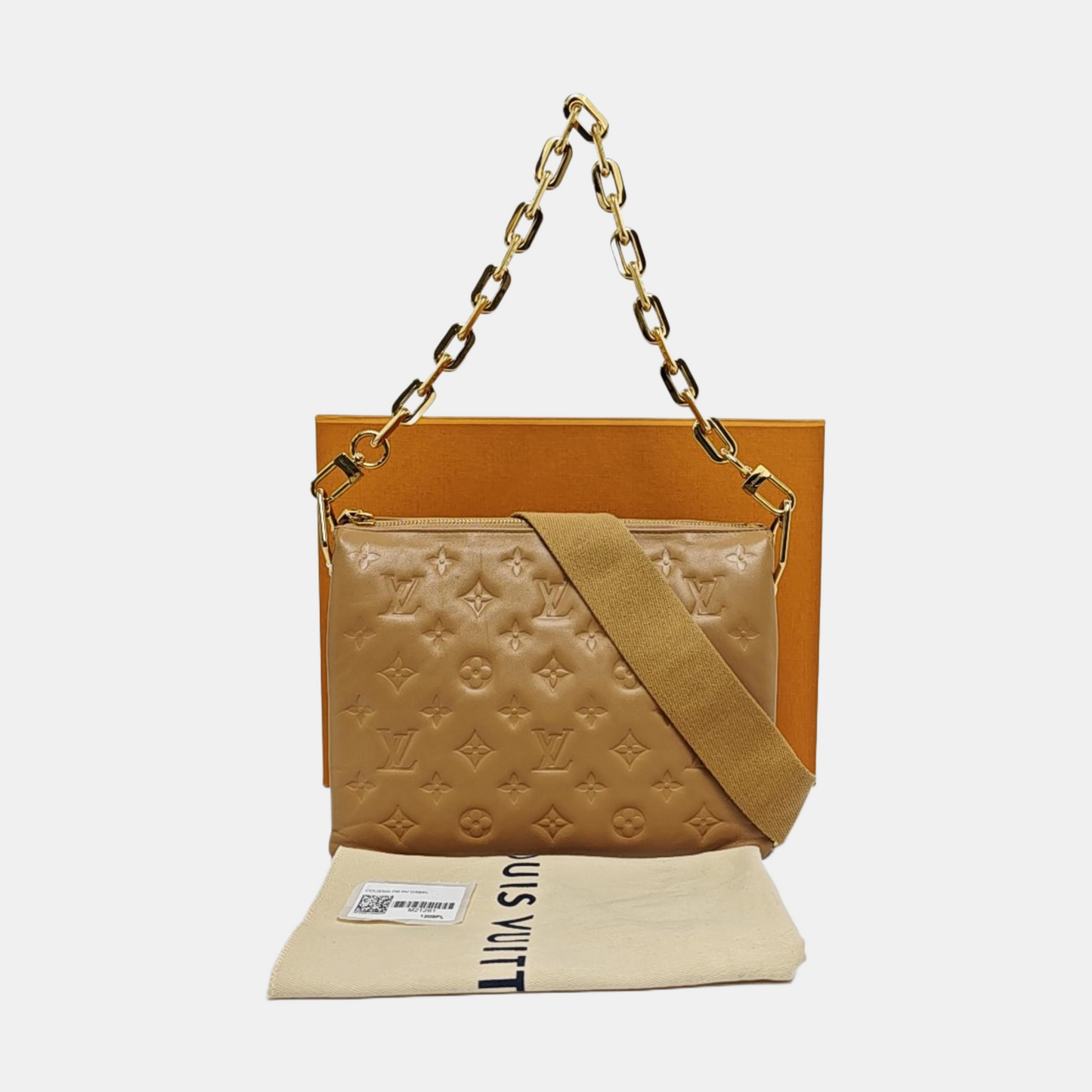 LOUIS VUITTON COUSSIN Small Khaki Calfskin Monogram Embossed Crossbody Bag Shoulder Bag Gold Hardware 2 Removable Straps Accessories Included-(SKU)-969393428
