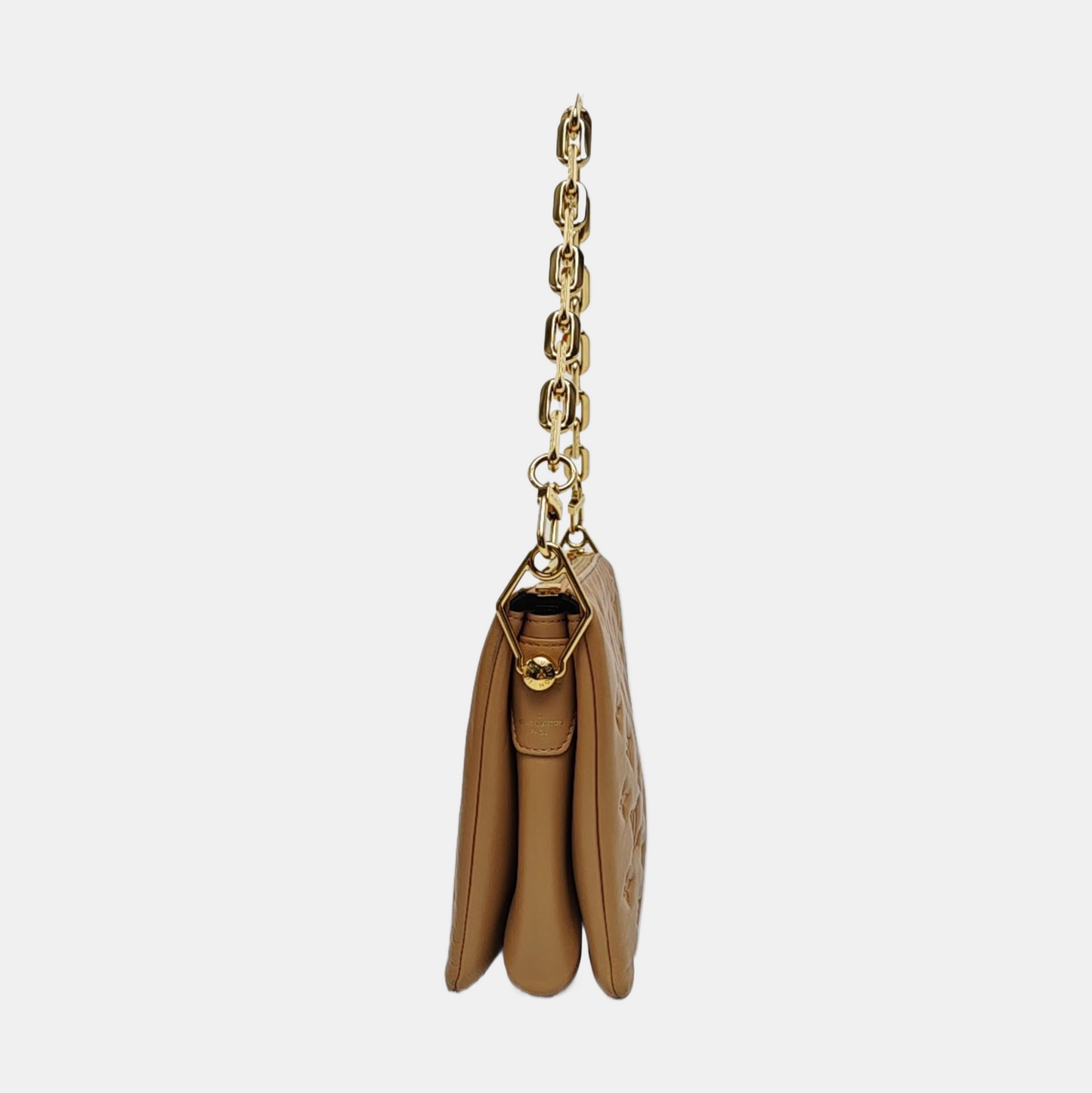 LOUIS VUITTON COUSSIN Small Khaki Calfskin Monogram Embossed Crossbody Bag Shoulder Bag Gold Hardware 2 Removable Straps Accessories Included-(SKU)-969393428
