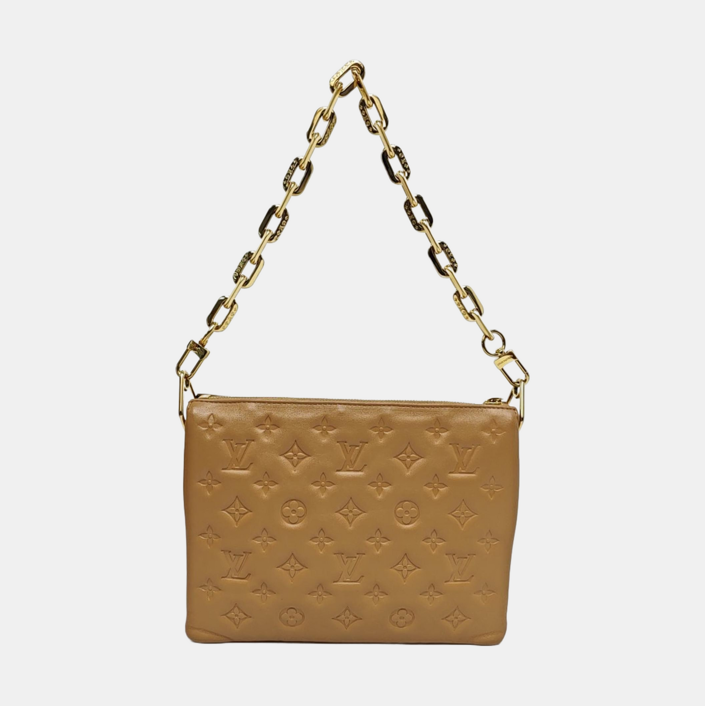 LOUIS VUITTON COUSSIN Small Khaki Calfskin Monogram Embossed Crossbody Bag Shoulder Bag Gold Hardware 2 Removable Straps Accessories Included-(SKU)-969393428