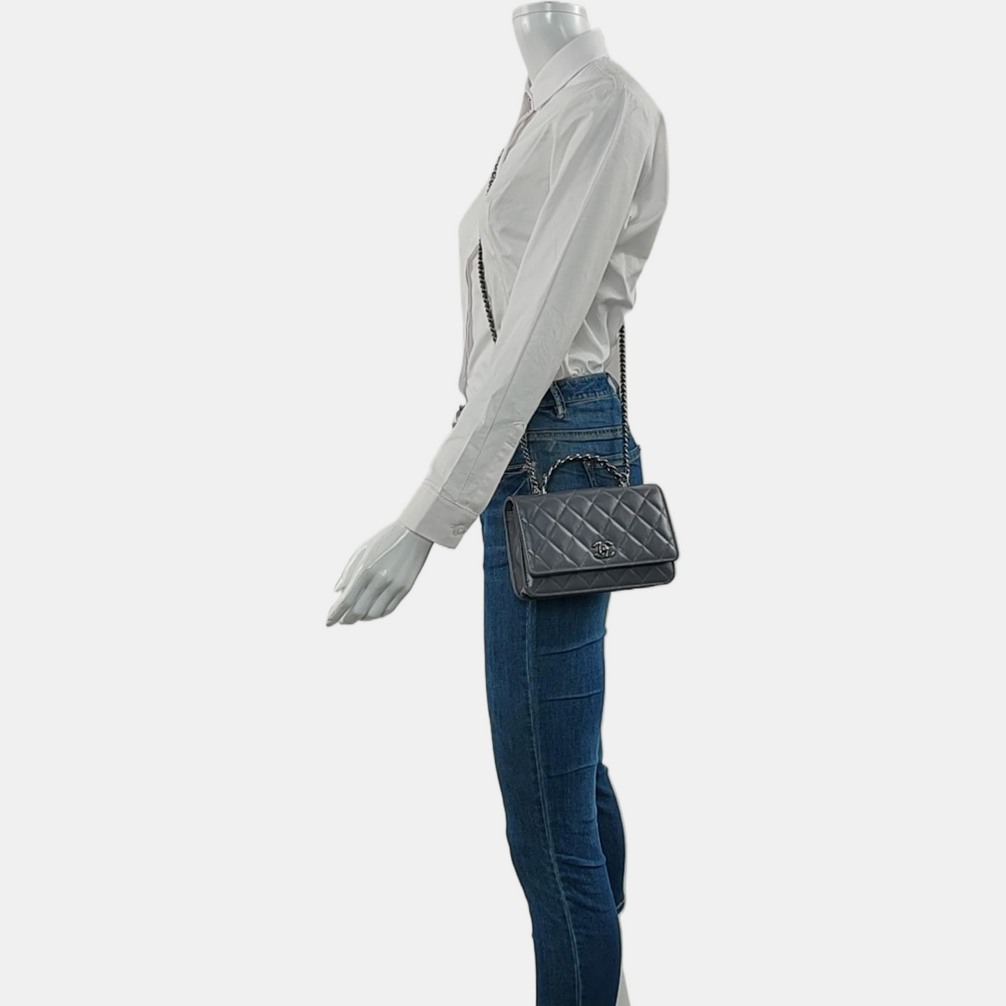 CHANEL WOC Gray Calfskin Quilted Lambskin Shoulder Bag Crossbody Bag Handbag with Silver Hardware-(SKU)-969393212