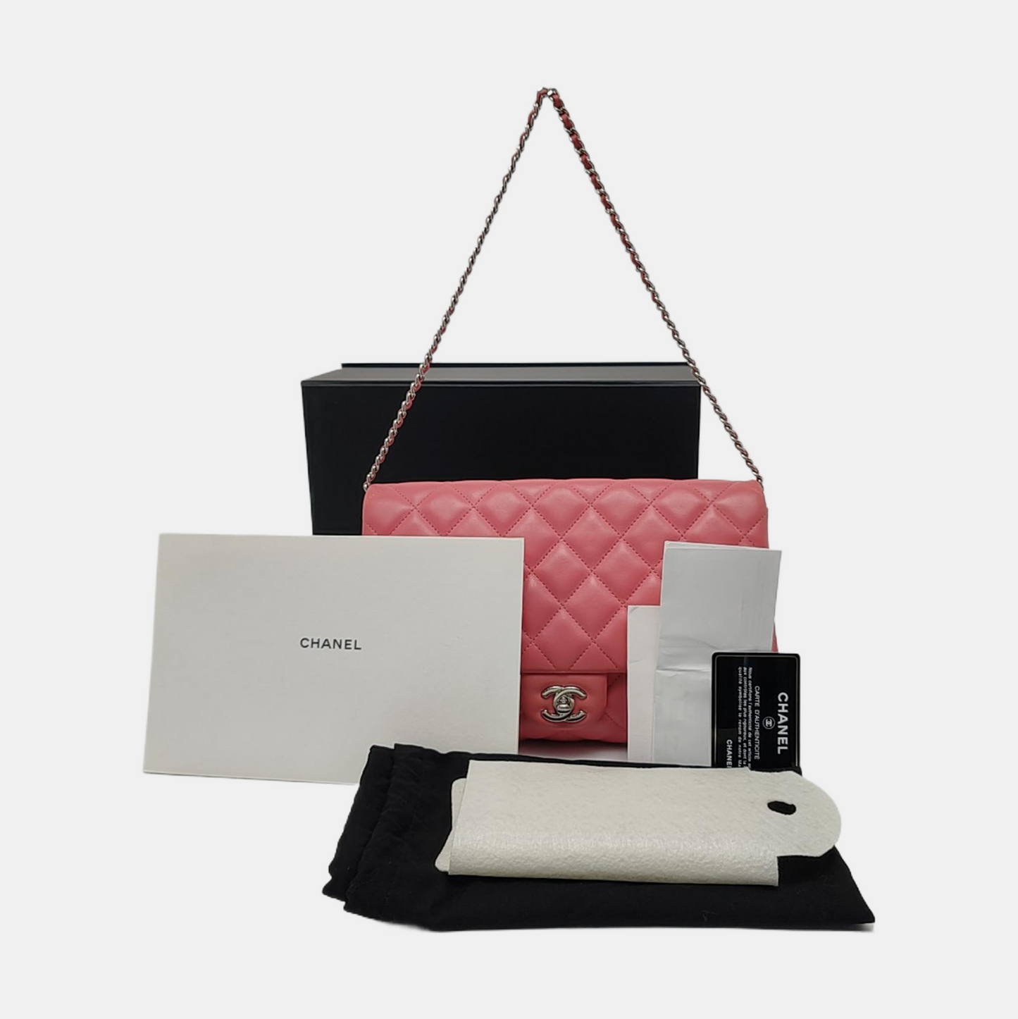 CHANEL CLASSIC FLAP Pink Lamb Leather Quilted Chevron Shoulder Bag Silver Hardware 18 Openings Complete Accessories-(SKU)-969451991
