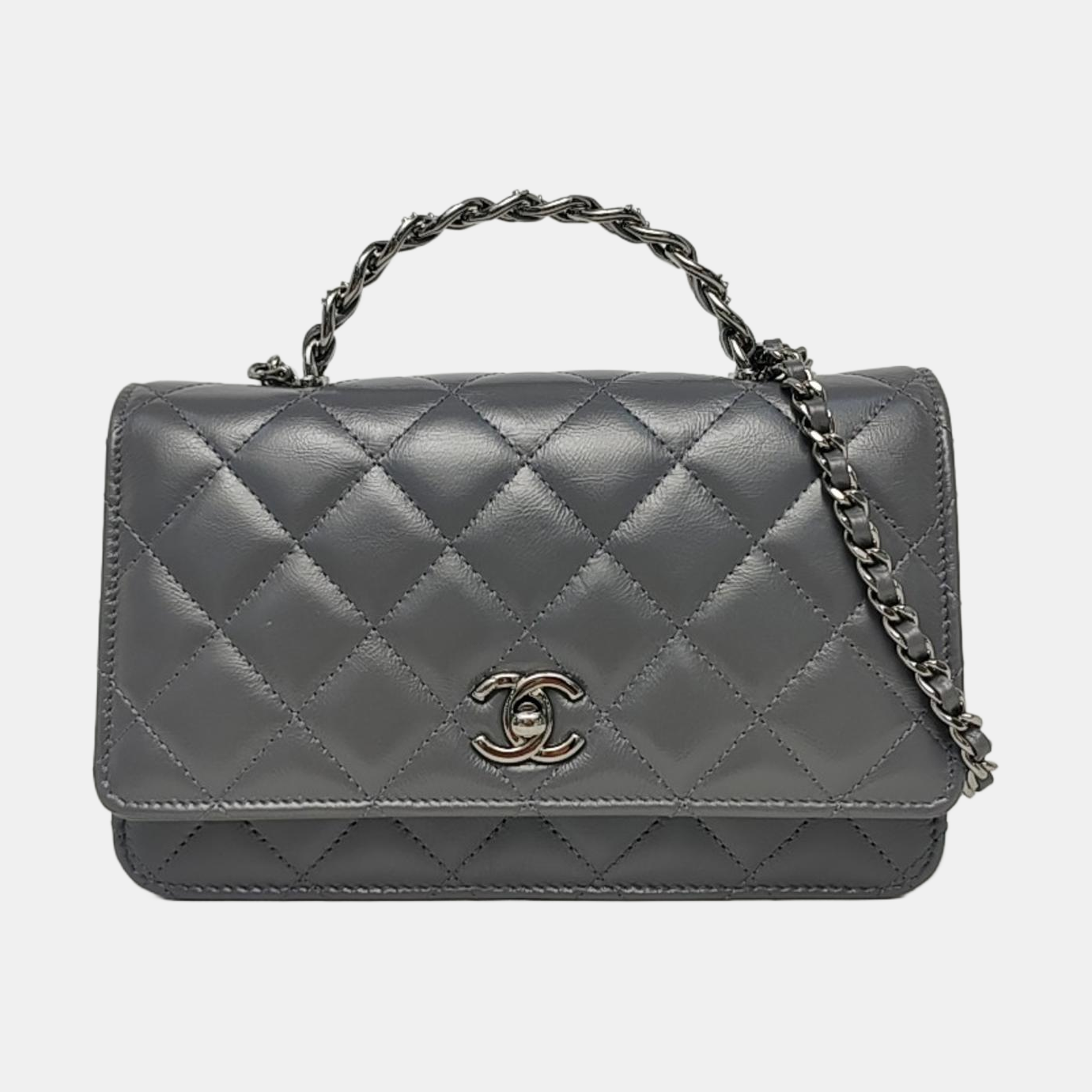 CHANEL WOC Gray Calfskin Quilted Lambskin Shoulder Bag Crossbody Bag Handbag with Silver Hardware-(SKU)-969393212