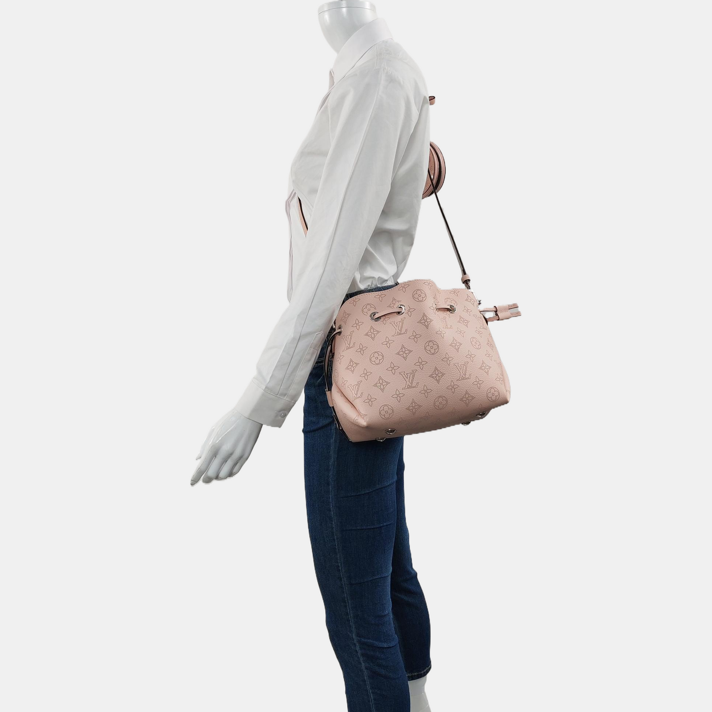 LOUIS VUITTON BELLA Pink Calfskin Monogram Woven Handbag Crossbody Shoulder Bag with Detachable Strap and Silver Hardware, Pockets-(SKU)-969158612