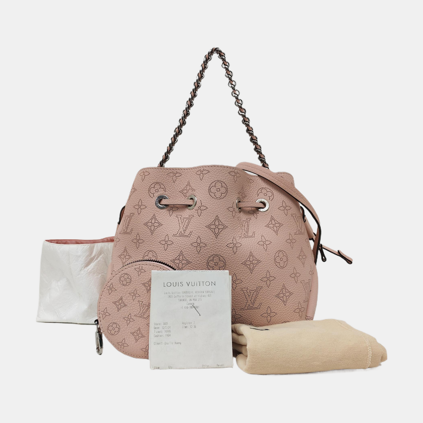 LOUIS VUITTON BELLA Pink Calfskin Monogram Woven Handbag Crossbody Shoulder Bag with Detachable Strap and Silver Hardware, Pockets-(SKU)-969158612