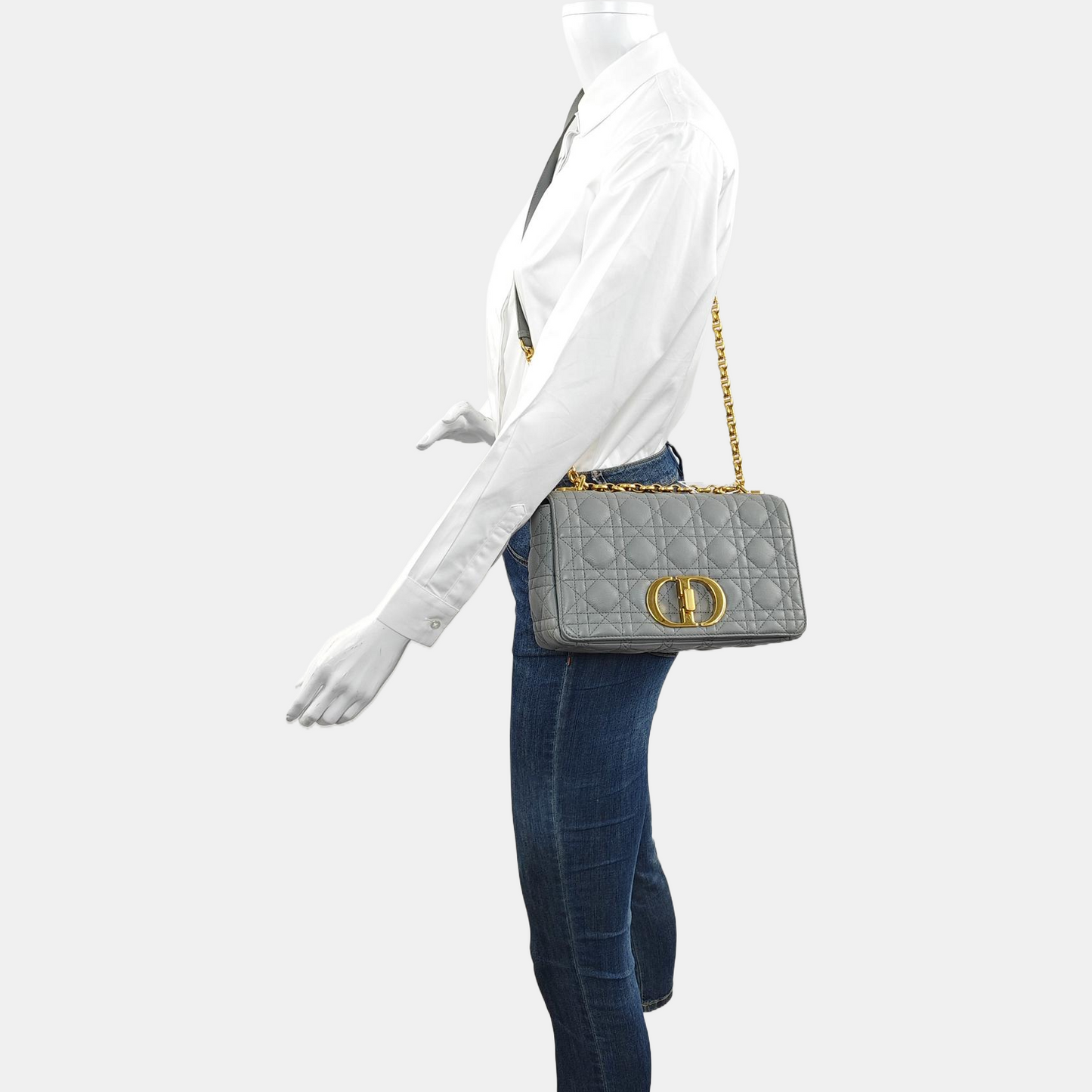 DIOR Dior Caro Medium Gray Calfskin Quilted Crossbody Bag Single Shoulder Bag Gold Hardware Removable Strap-(SKU)-969611212