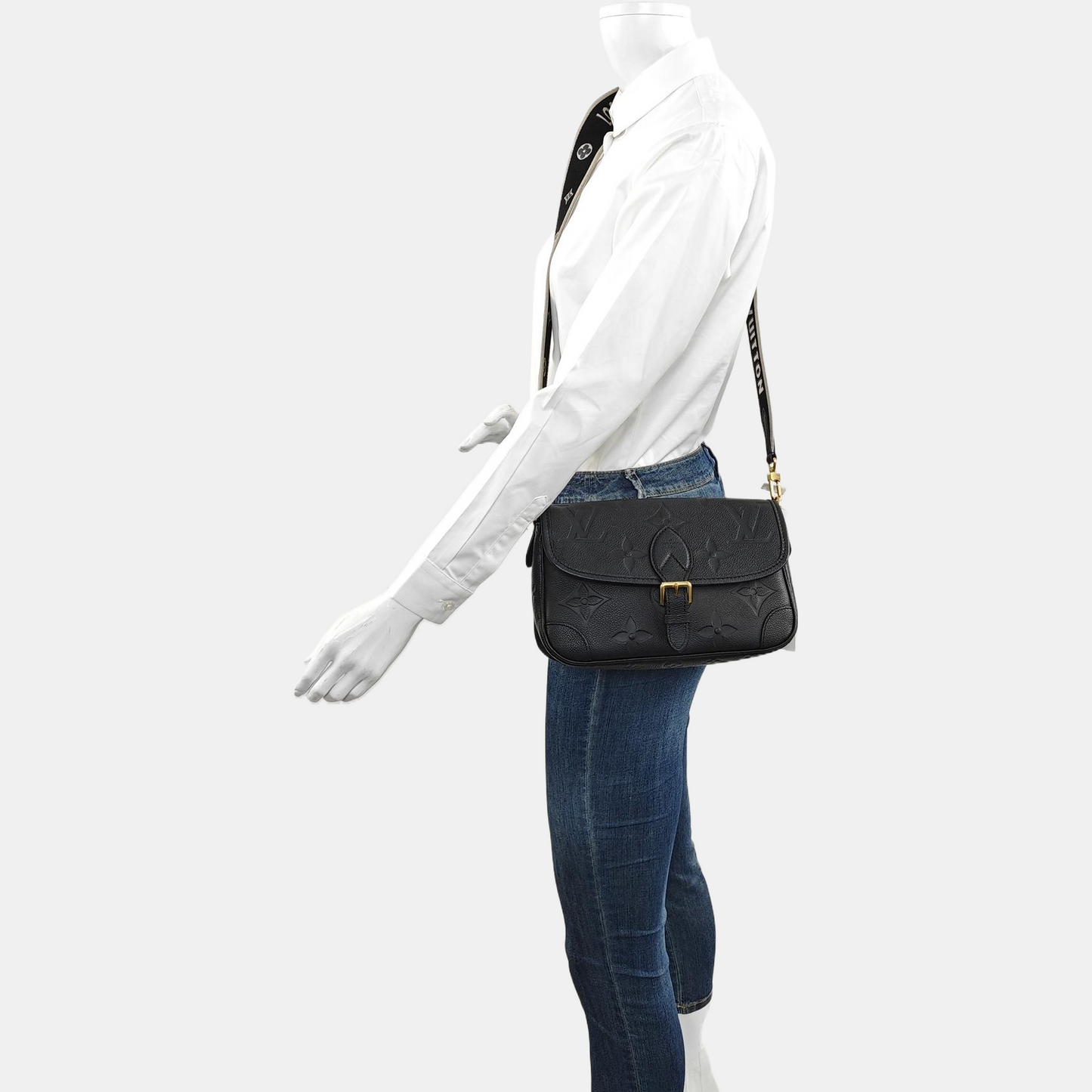 LOUIS VUITTON DIANE Black Calfskin Monogram Embossed Crossbody Shoulder Bag with Detachable Strap and Golden Hardware-(SKU)-969635564