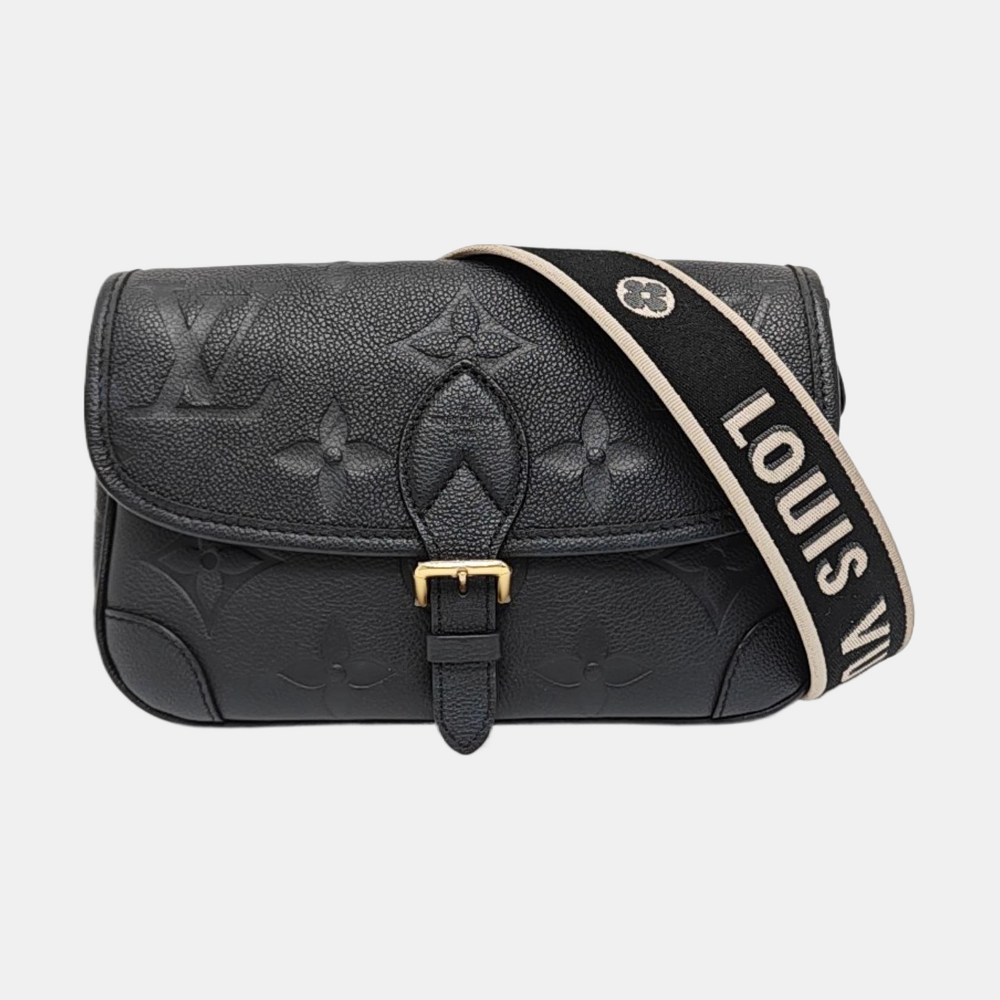LOUIS VUITTON DIANE Black Calfskin Monogram Embossed Crossbody Shoulder Bag with Detachable Strap and Golden Hardware-(SKU)-969635564